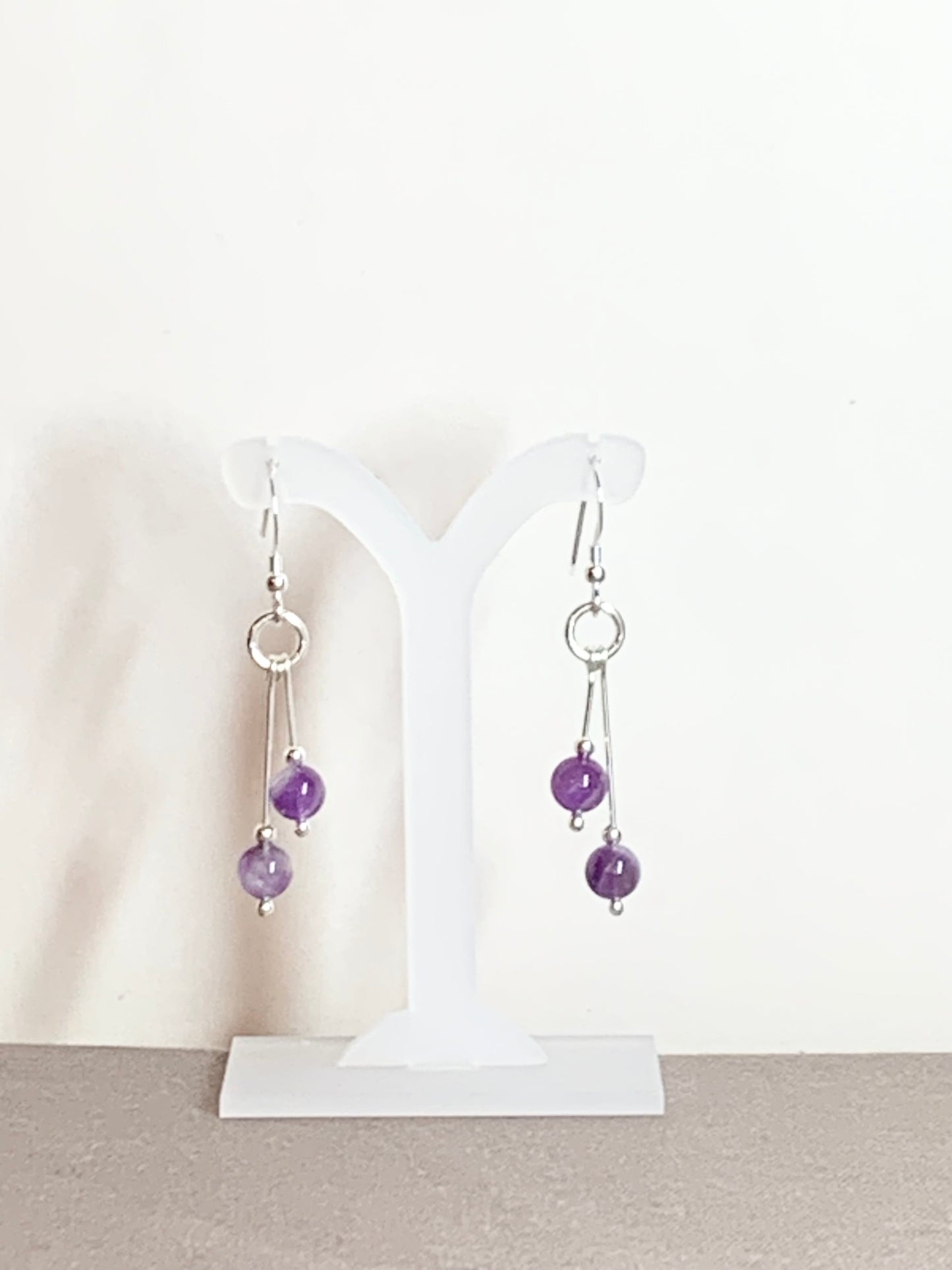 Amethyst And Snow Quartz Earrings, Bi-dangle