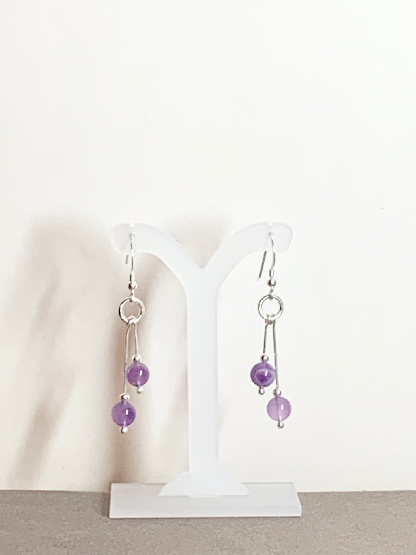Amethyst And Snow Quartz Earrings, Bi-dangle