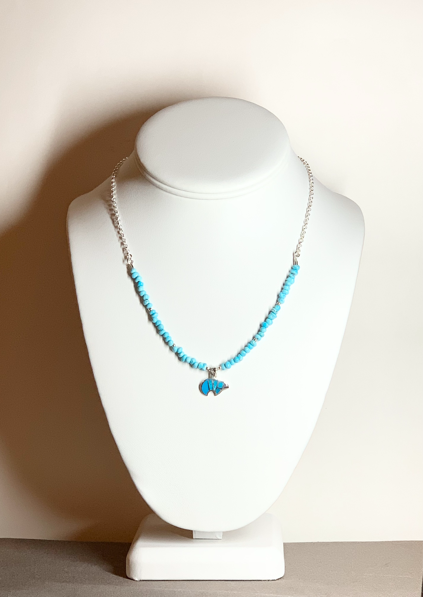 Turquoise Necklace With Zuni Bear Charm