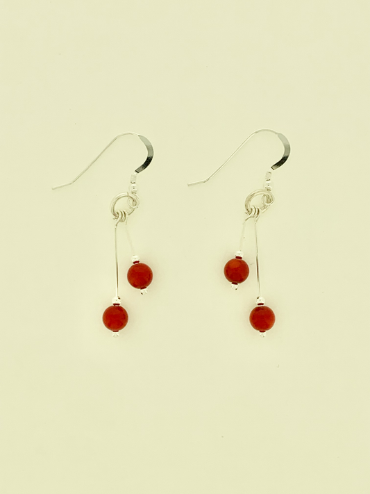 Red Coral Earrings, Bi-dangle