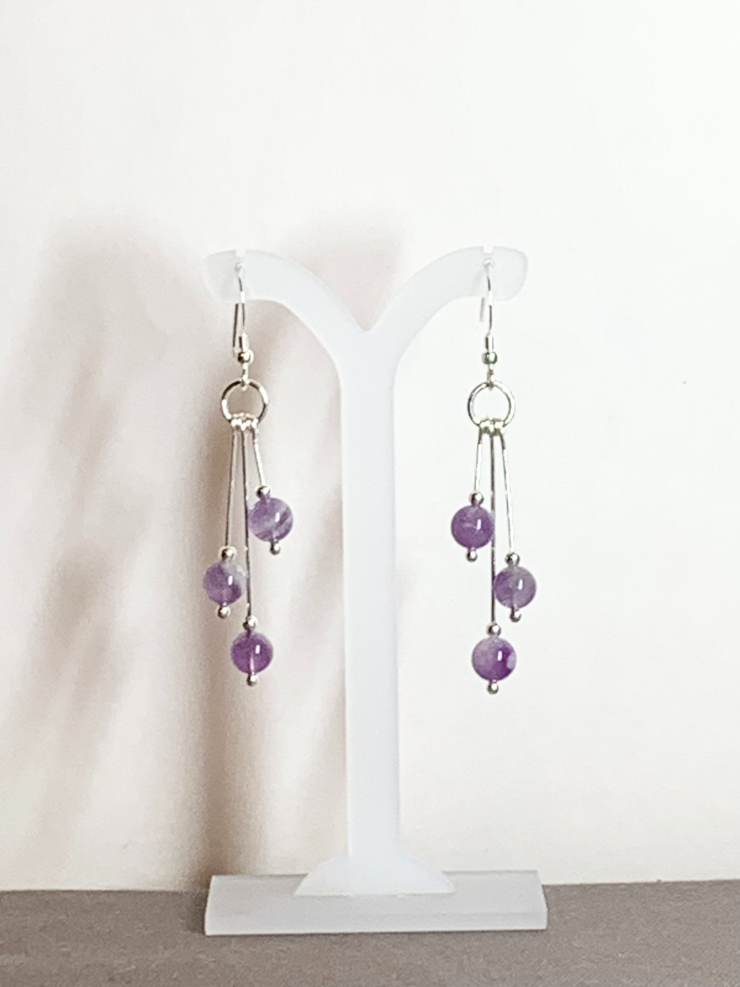 Amethyst And Snow Quartz Earrings, Tri-dangle