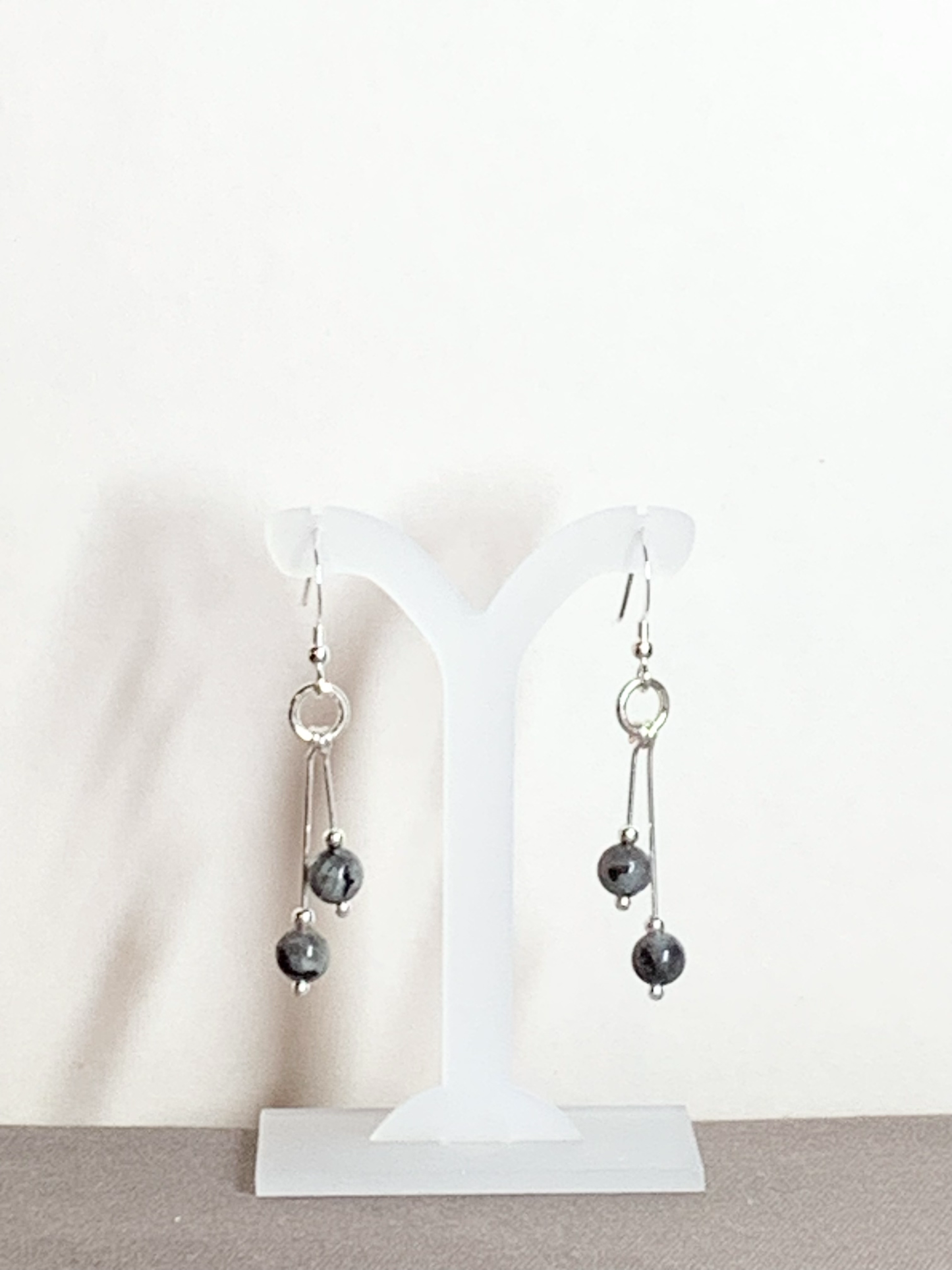 Larvakite Earrings, Bi-dangle