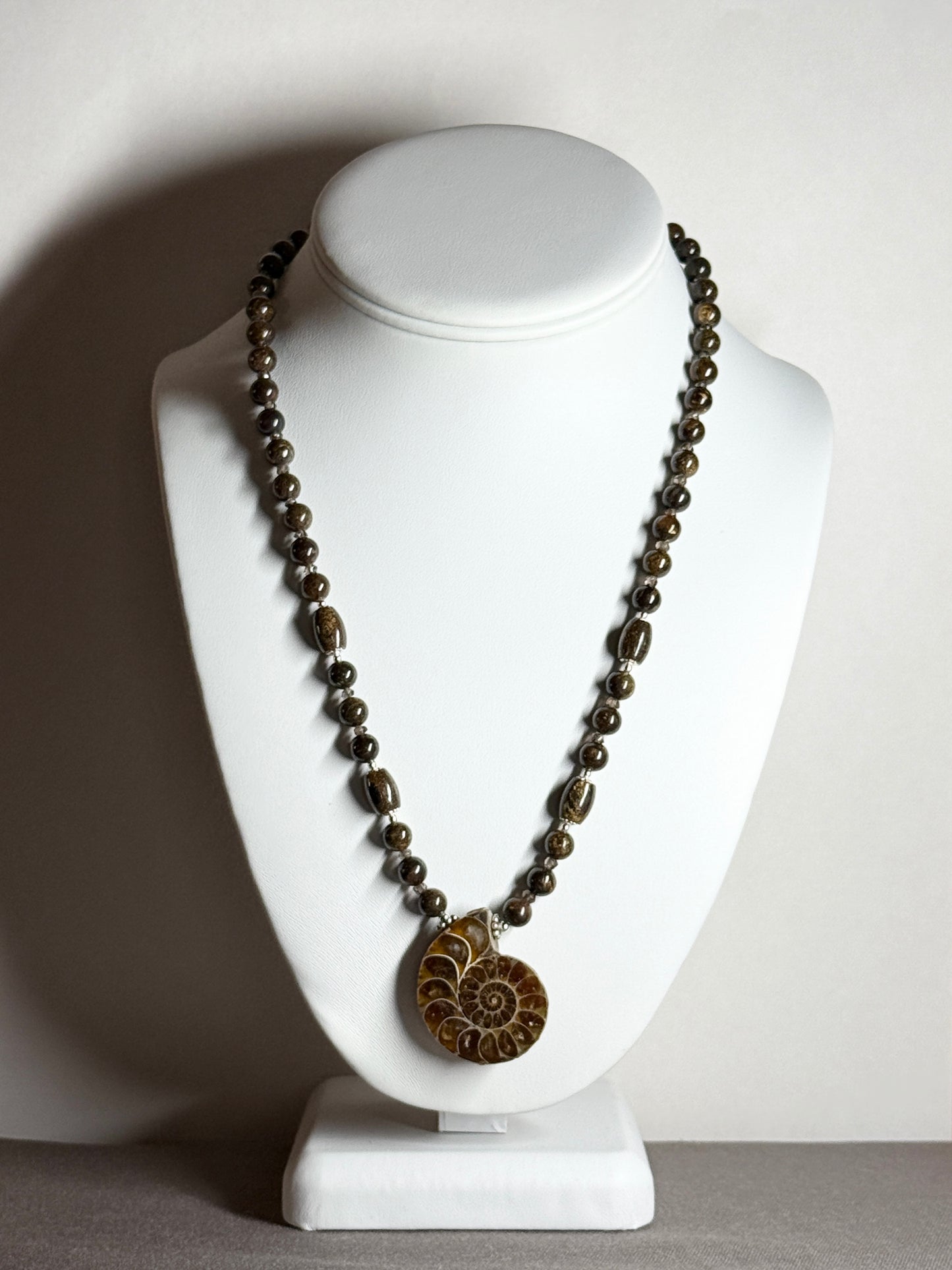 Fossil Ammonite, Bronzite, And Smokey Quartz Necklace