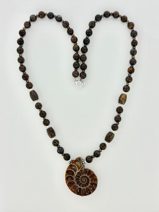 Fossil Ammonite, Bronzite, And Smokey Quartz Necklace