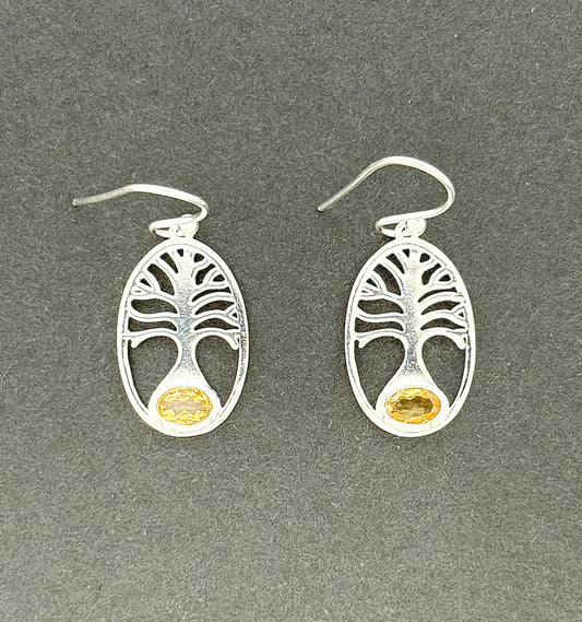 Citrine Earrings with Faceted Stones, Tree of Life
