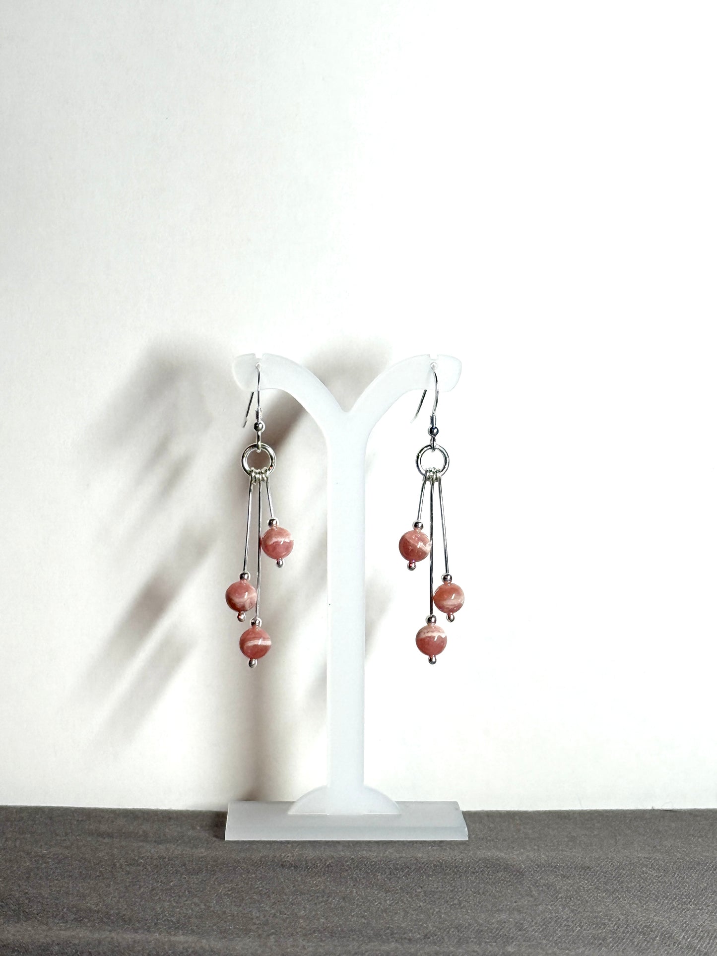 Rhodochrosite Earrings, Tri-dangle