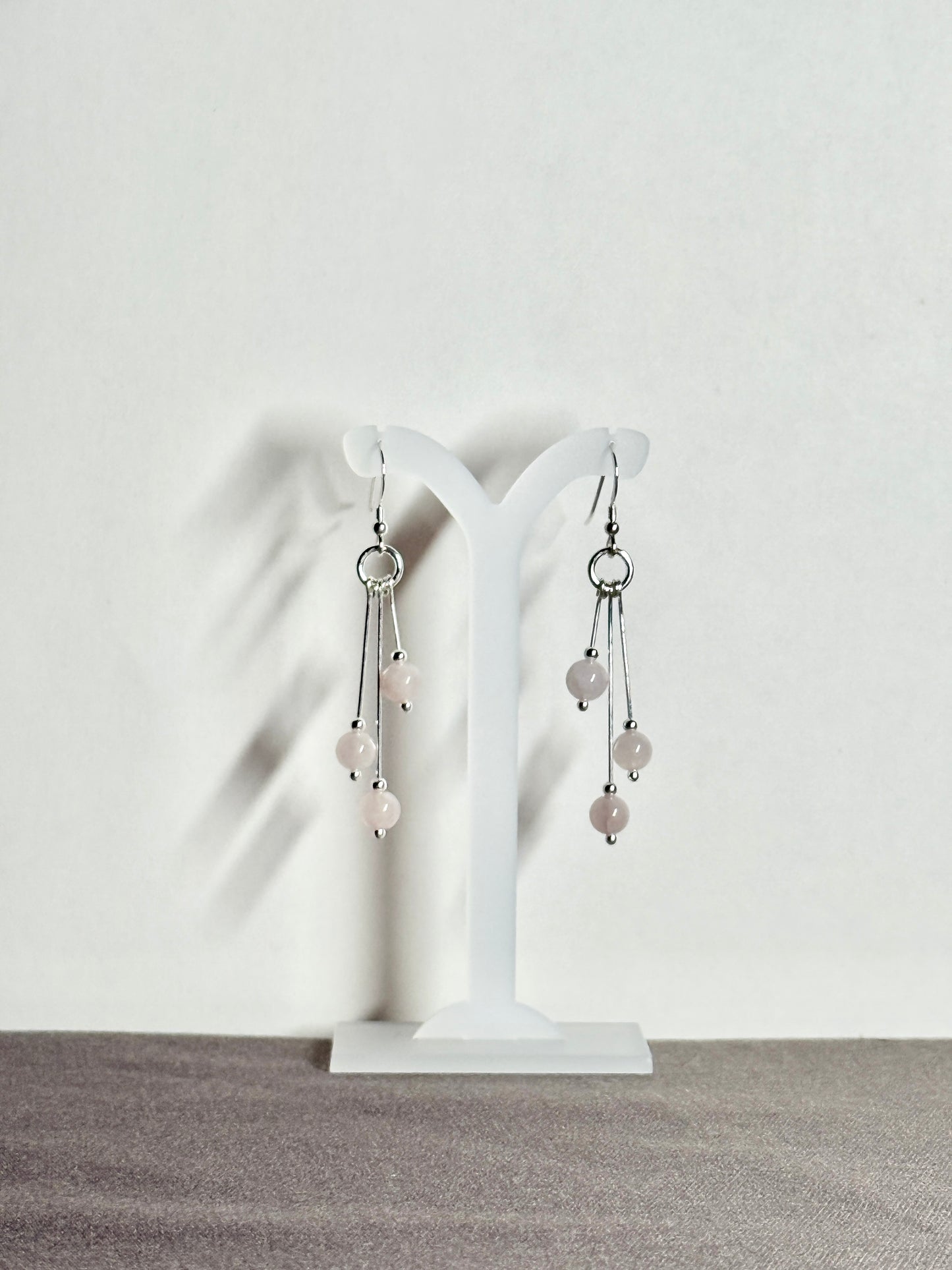 Rose Quartz Earrings, Tri-dangle