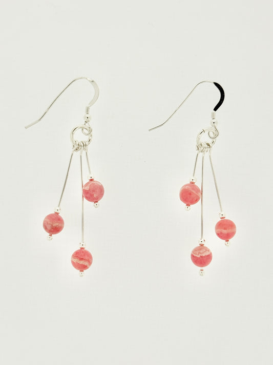 Rhodochrosite Earrings, Tri-dangle