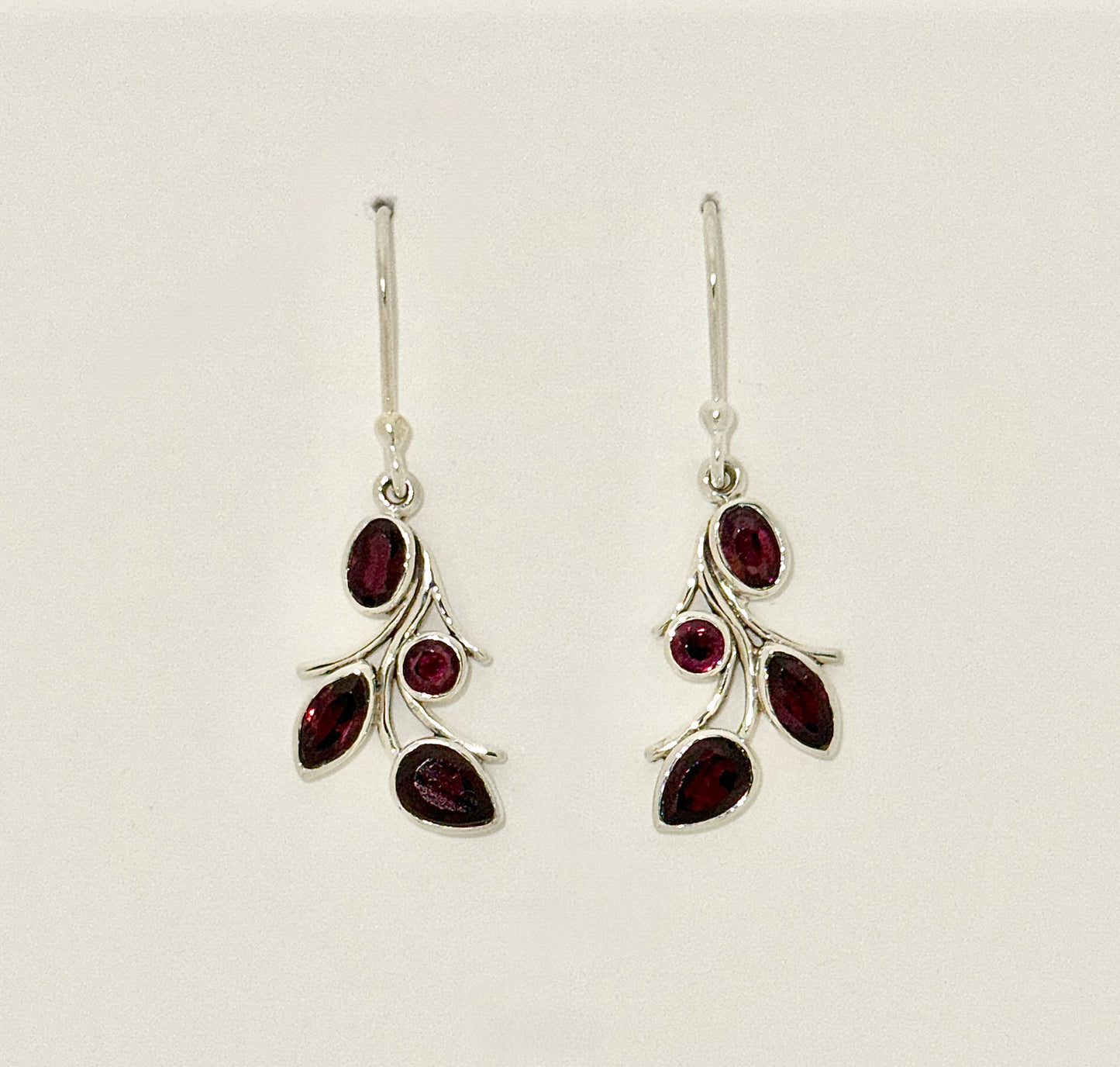 Garnet Earrings with Faceted Stones, Falling Leaves