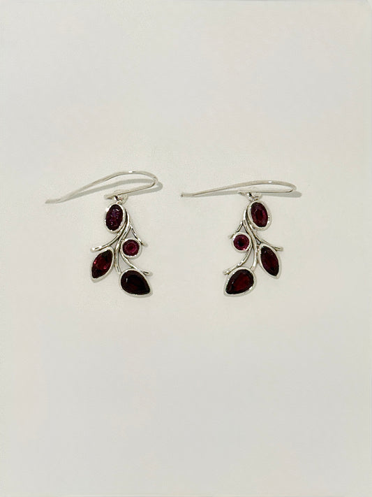 Garnet Earrings with Faceted Stones, Falling Leaves