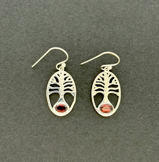 Garnet Earrings with Faceted Stones, Tree of Life