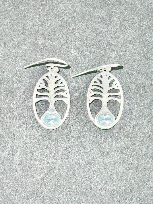 Blue Topaz Earrings with Faceted Stones, Tree of Life
