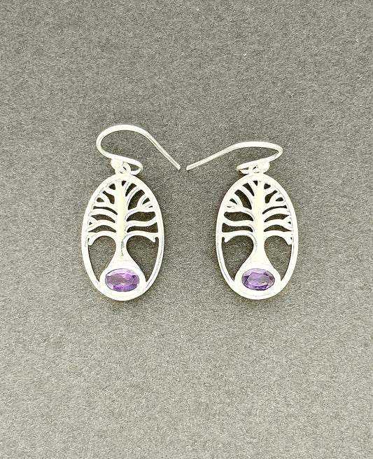 Amethyst Earrings with Faceted Stones Tree of Life