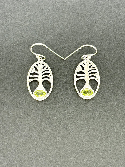 Peridot Earrings with Faceted Stones, Tree of Life