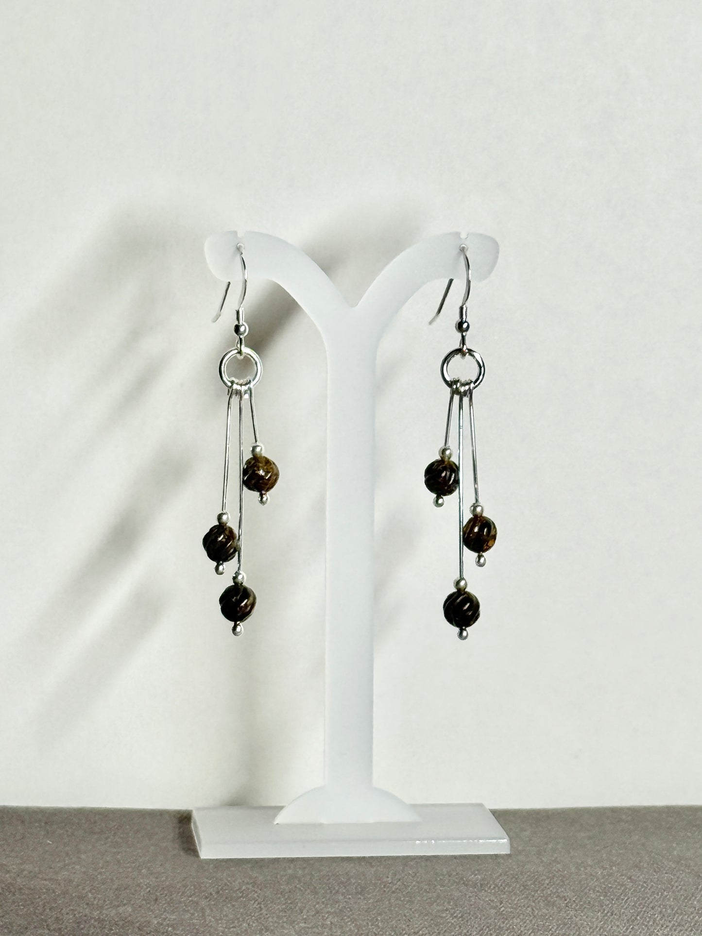 Bronzite Earrings, Tri-dangle, Carved