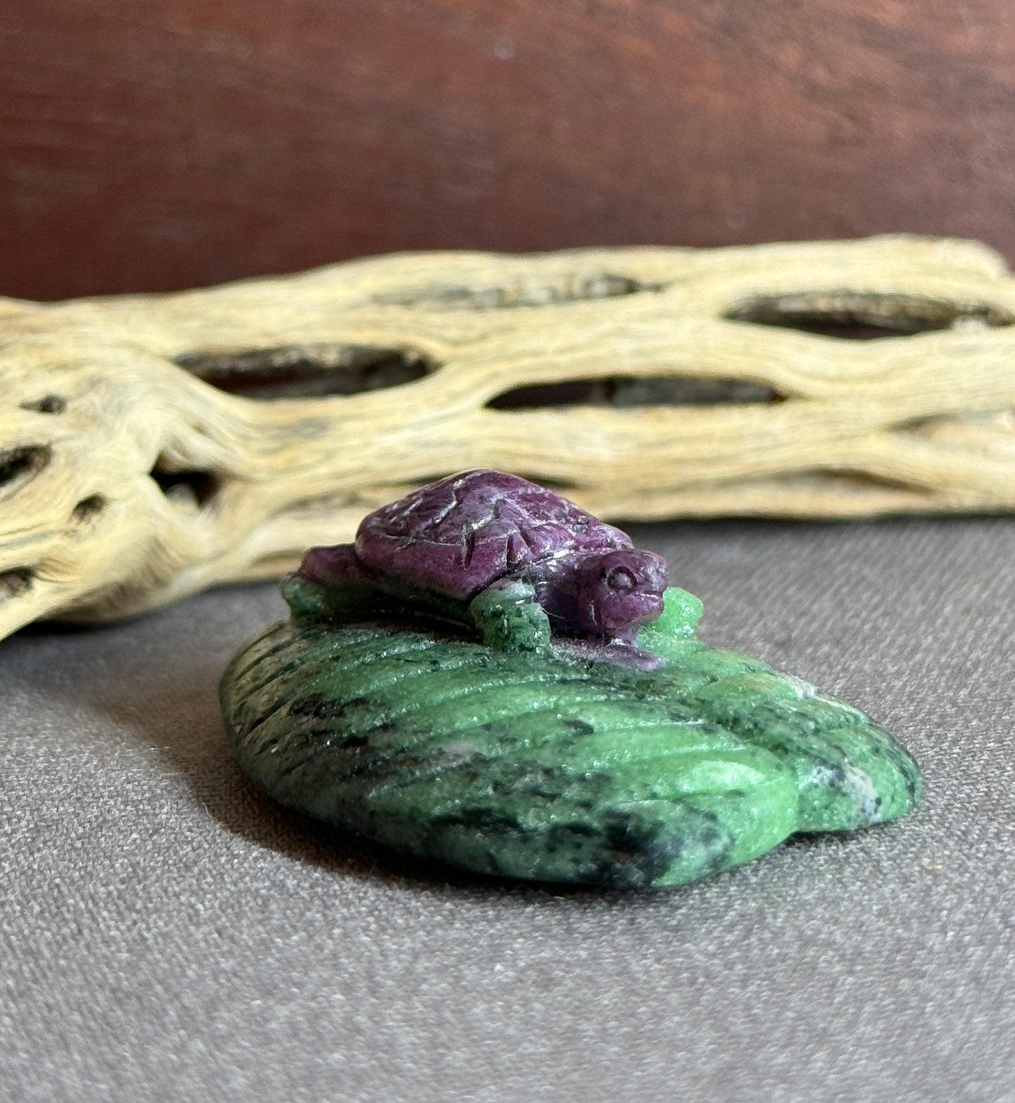 Ruby in Zoisite Hand-carved Turtle on Leaf Prong Mount