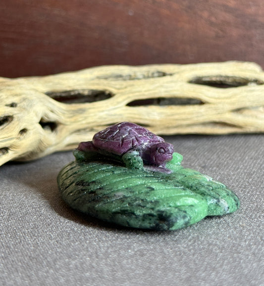 Ruby in Zoisite Hand-carved Turtle on Leaf Prong Mount