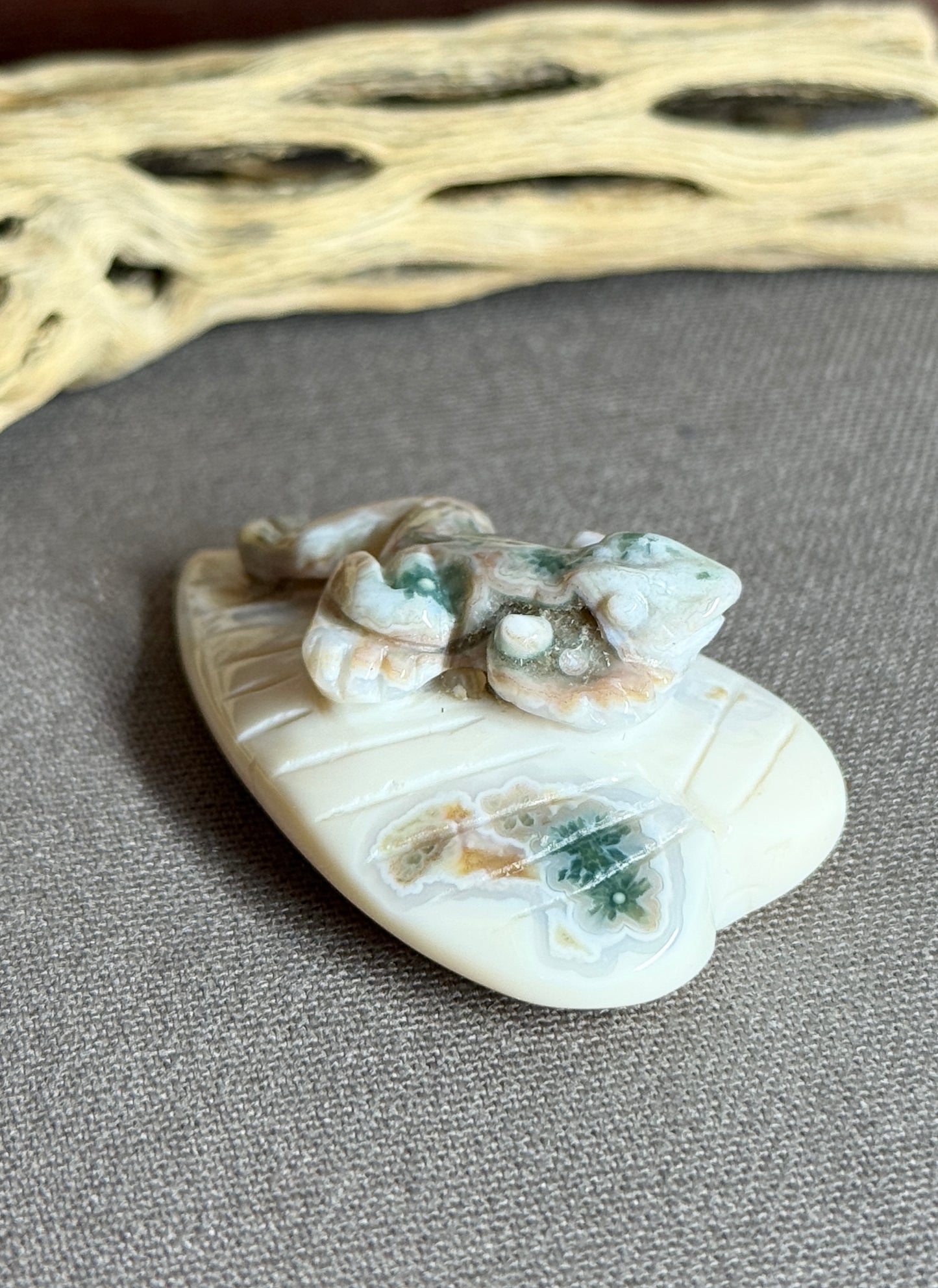 Ocean Jasper Hand-carved Frog on Leaf Prong Mount