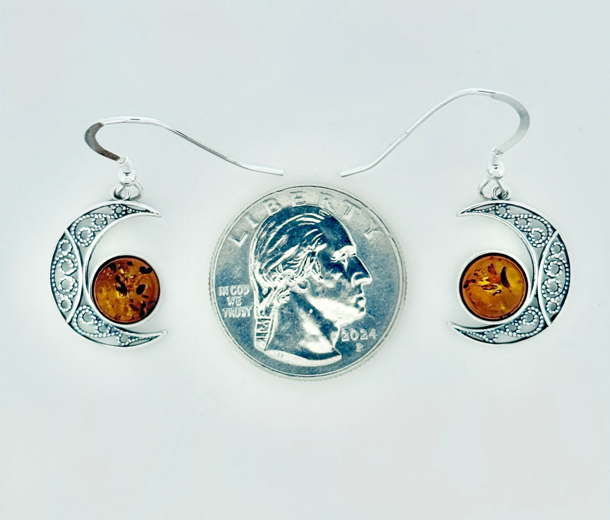 Amber Earrings, Crescent Moon