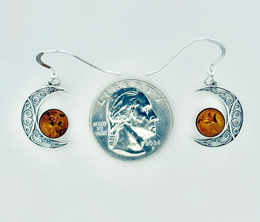 Amber Earrings, Crescent Moon