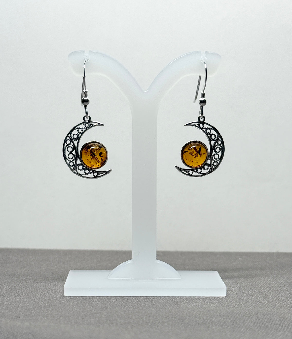 Amber Earrings, Crescent Moon