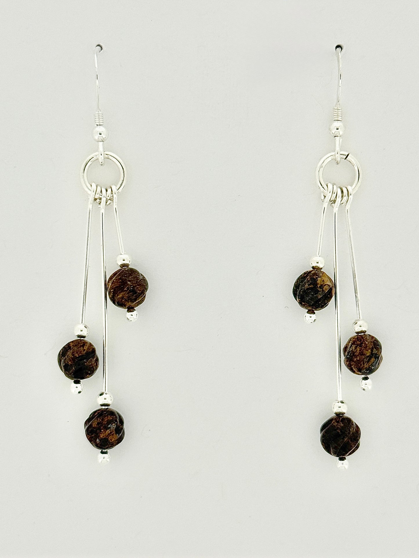 Bronzite Earrings, Tri-dangle, Carved