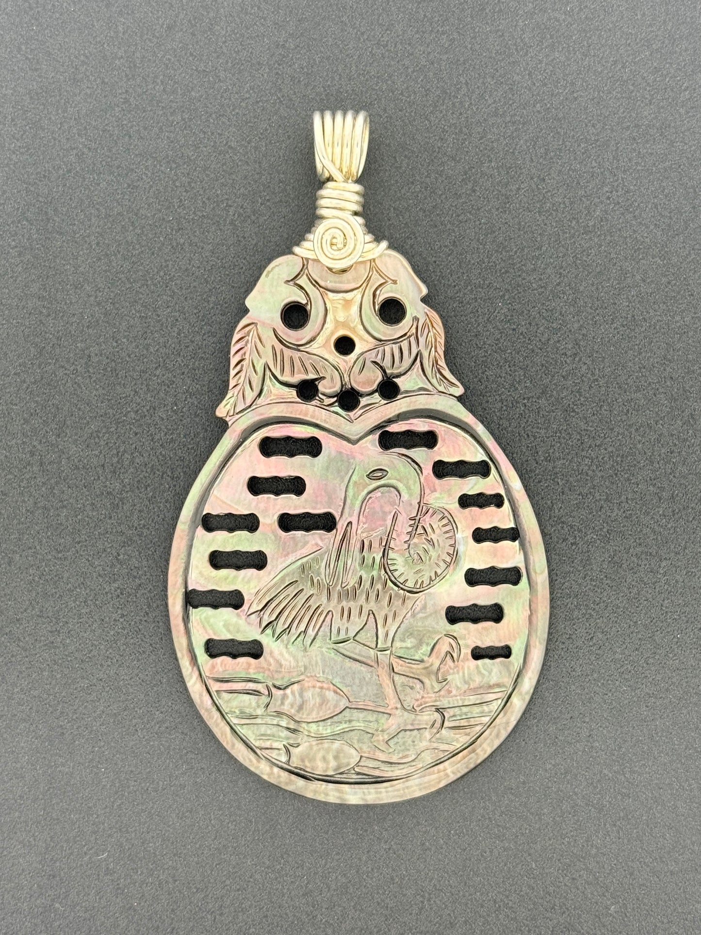 Mother of Pearl Wire Wrap, Heron Carving