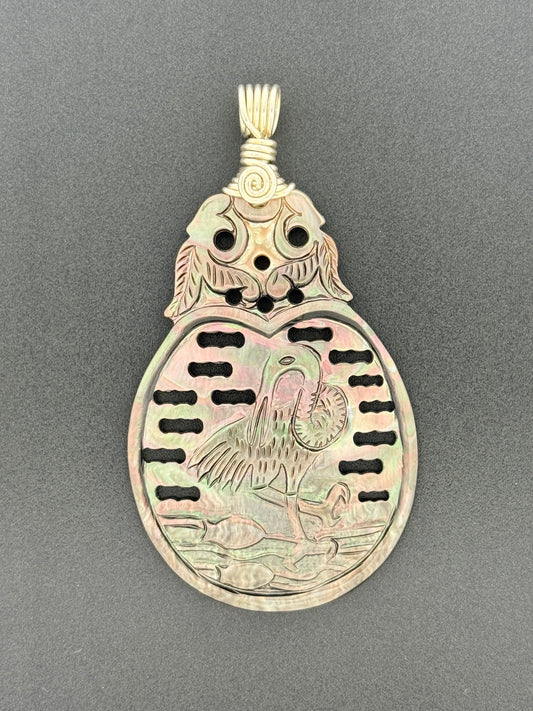 Mother of Pearl Wire Wrap, Heron Carving