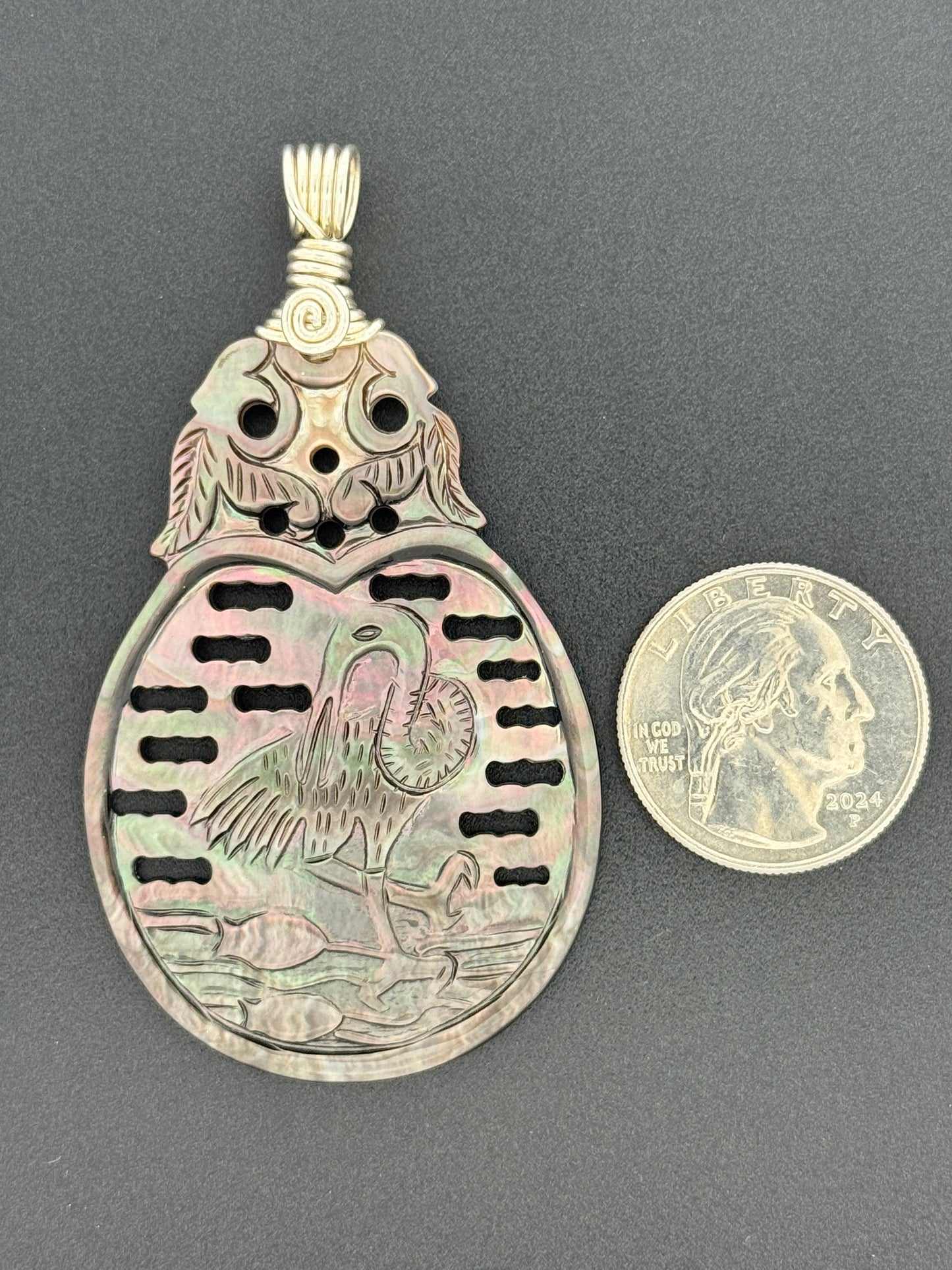 Mother of Pearl Wire Wrap, Heron Carving