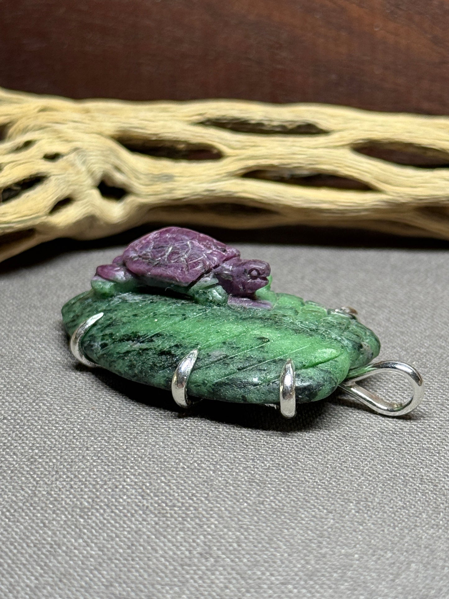 Ruby in Zoisite Hand-carved Turtle on Leaf Prong Mount