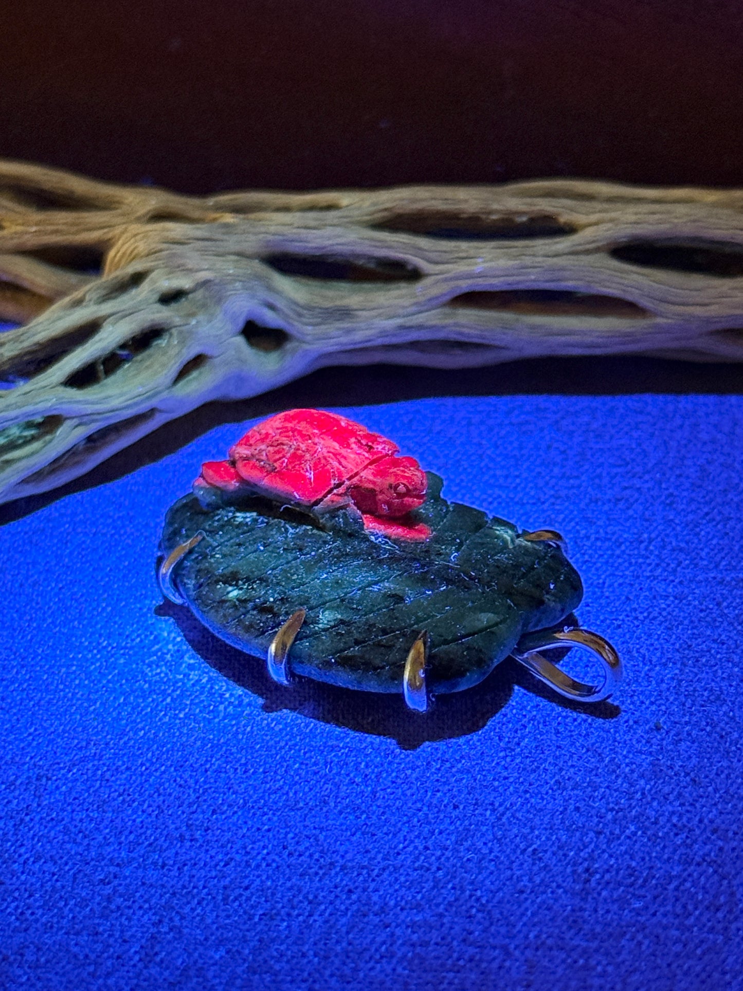 Ruby in Zoisite Hand-carved Turtle on Leaf Prong Mount
