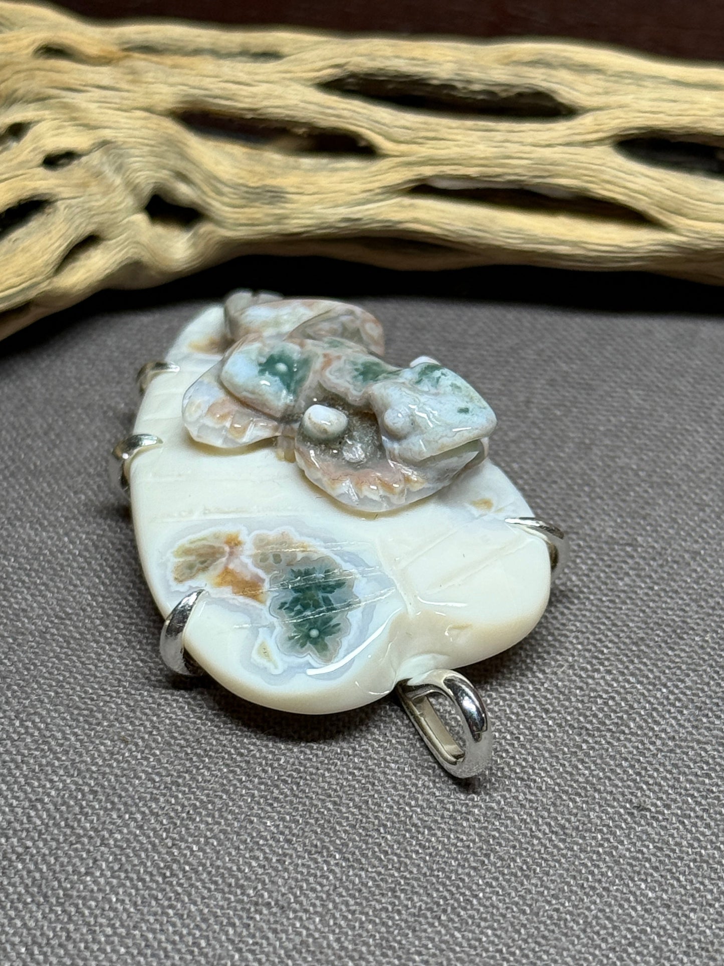 Ocean Jasper Hand-carved Frog on Leaf Prong Mount