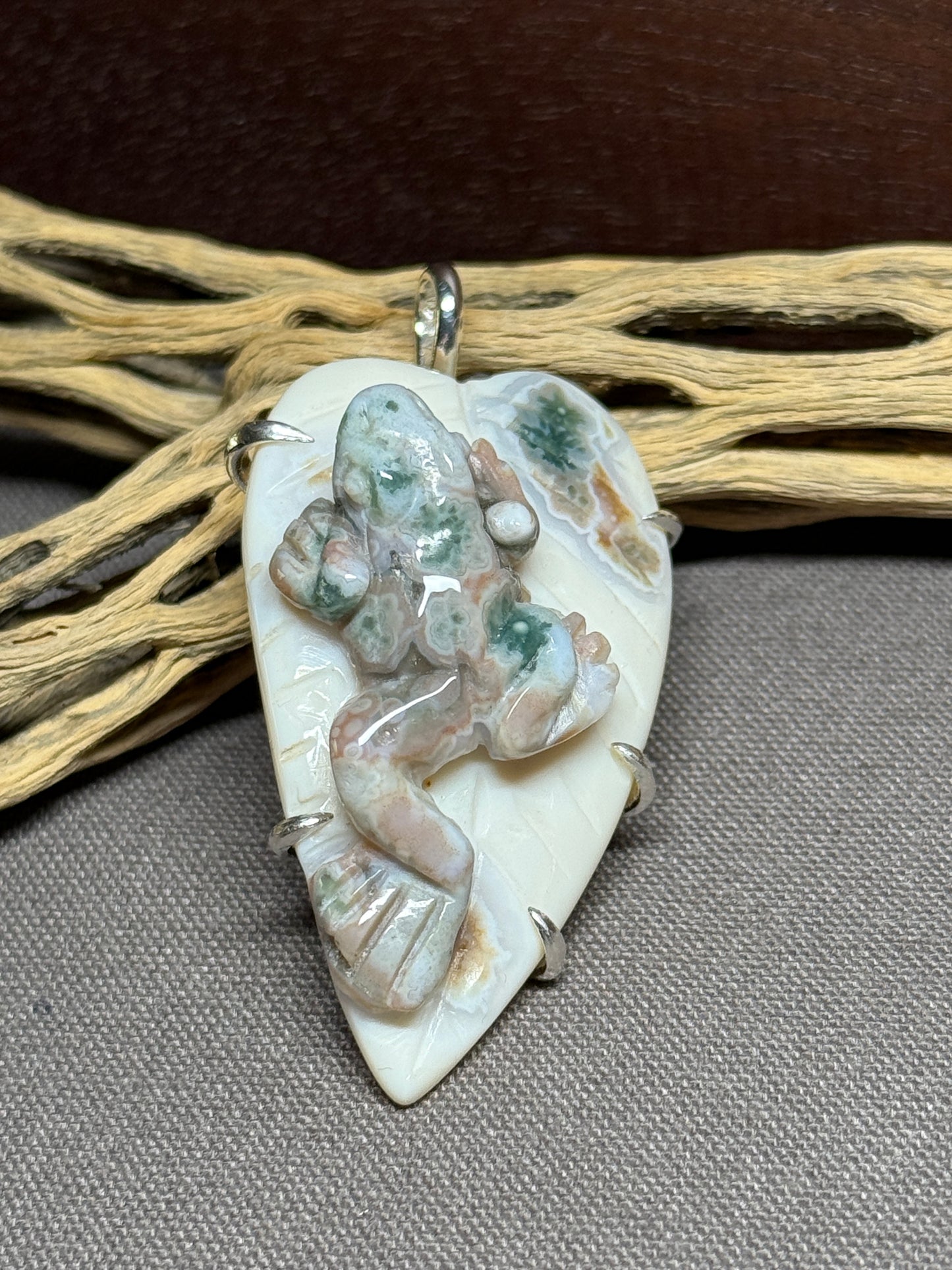 Ocean Jasper Hand-carved Frog on Leaf Prong Mount