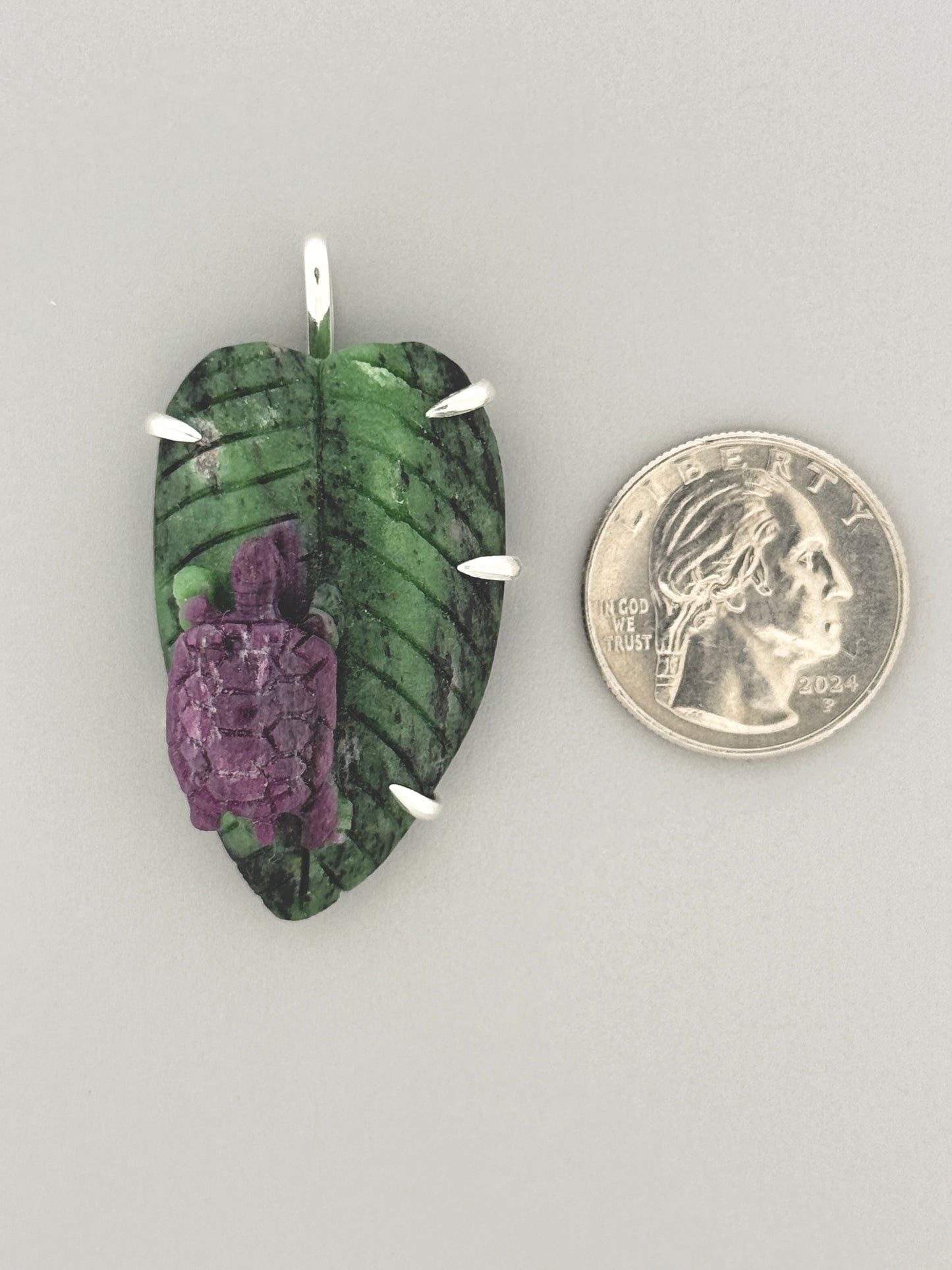 Ruby in Zoisite Hand-carved Turtle on Leaf Prong Mount