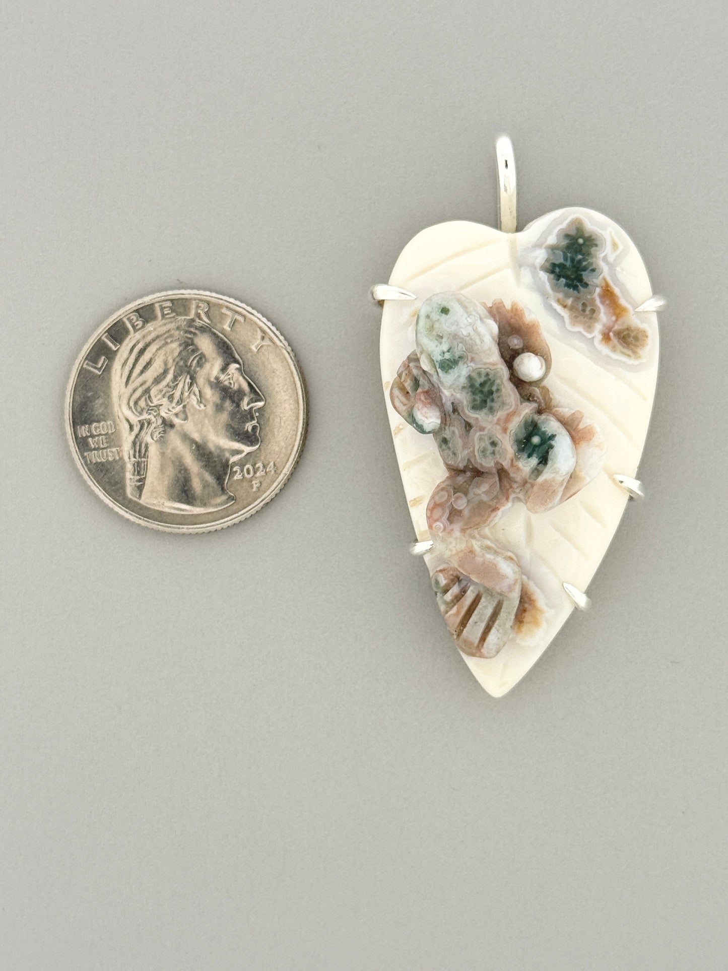 Ocean Jasper Hand-carved Frog on Leaf Prong Mount