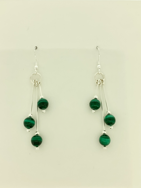 Malachite Earrings, Tri-dangle