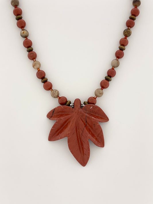 Red Jasper, Wood, and Petrified Wood Necklace