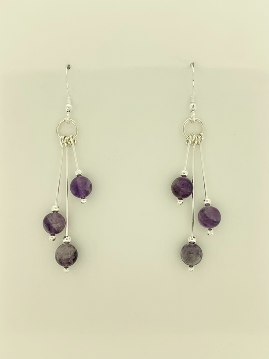 Amethyst And Snow Quartz Earrings, Tri-dangle