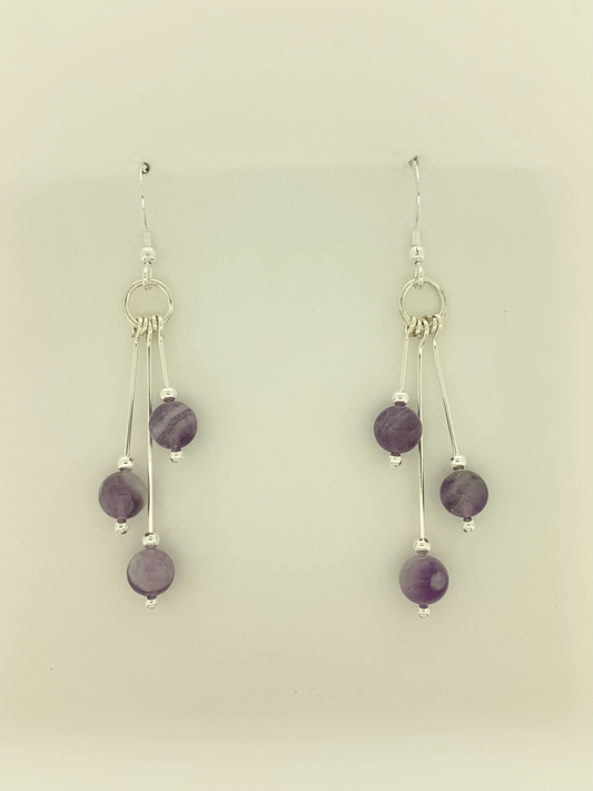 Amethyst And Snow Quartz Earrings, Tri-dangle