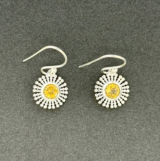 Citrine Earrings with Faceted Stones, Sunburst Flower