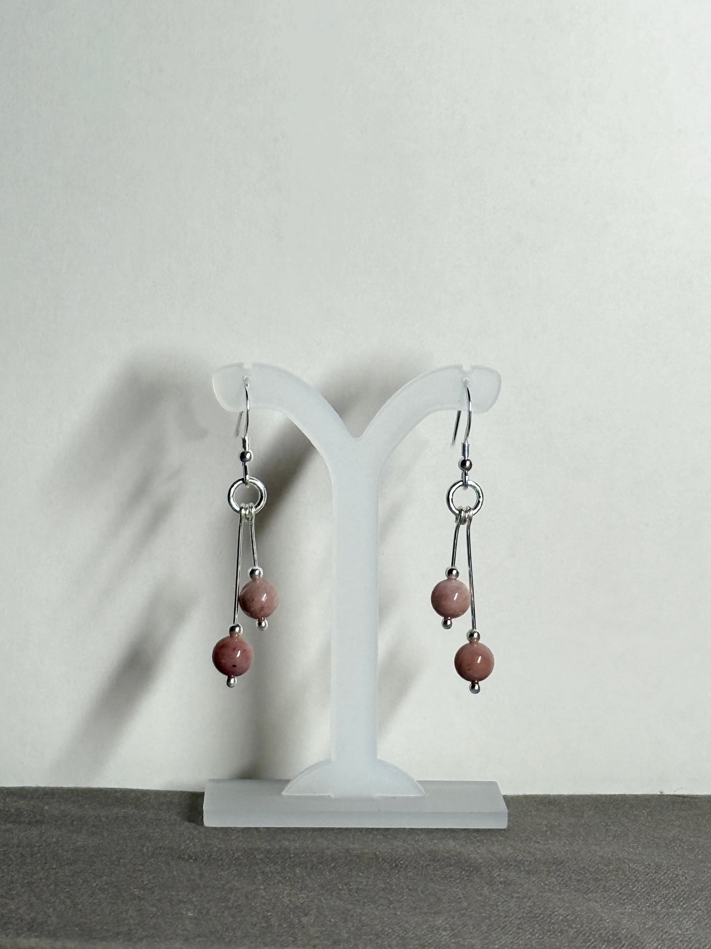 Rhodonite Earrings, Bi-dangle