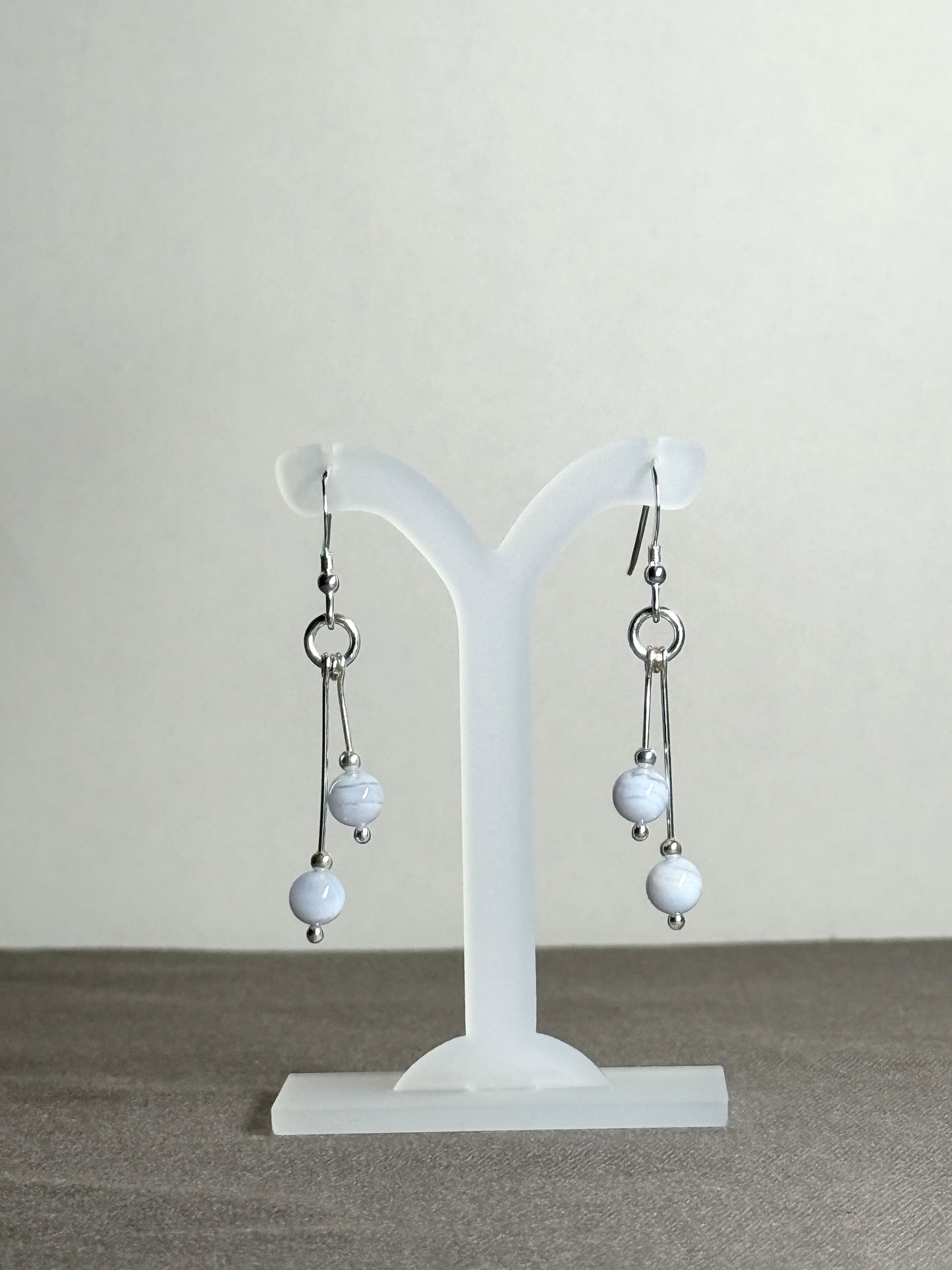 Blue Lace Agate Earrings, Tri-dangle