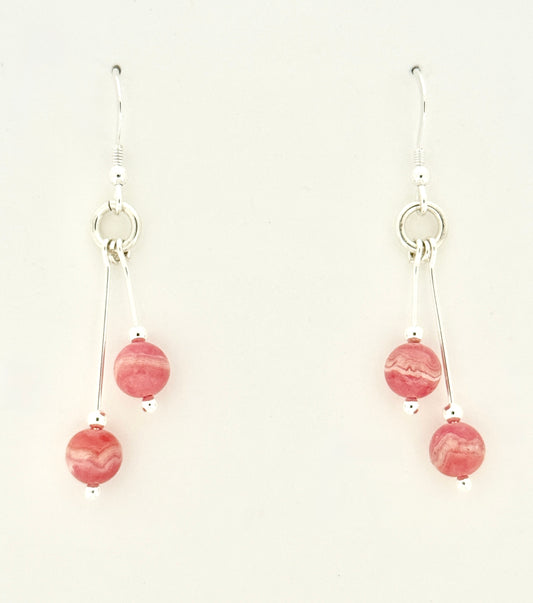 Rhodochrosite Earrings, Bi-dangle