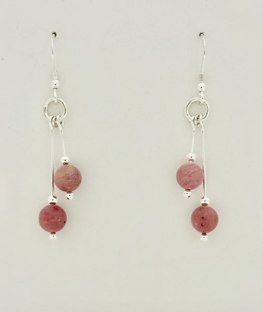 Rhodonite Earrings, Bi-dangle