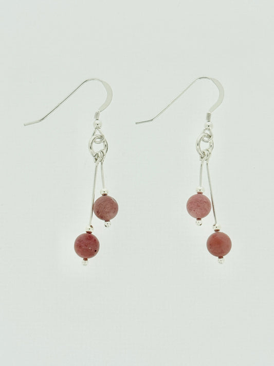 Rhodonite Earrings, Bi-dangle