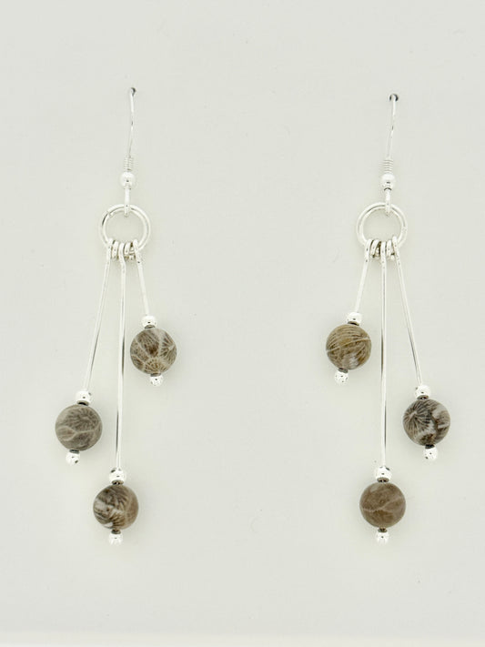 Fossil Coral Earrings, Tri-dangle