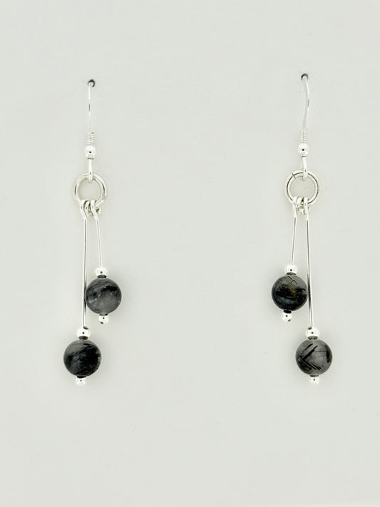 Tourmalinated Quartz Earrings, Bi-dangle