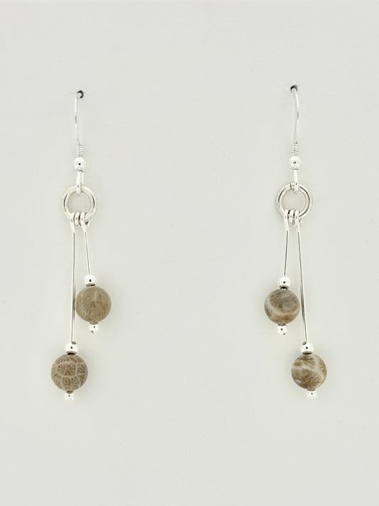 Fossil Coral Earrings, Bi-dangle