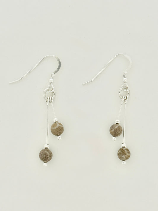 Fossil Coral Earrings, Bi-dangle