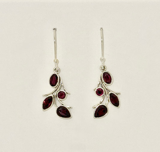Garnet Earrings with Faceted Stones, Falling Leaves
